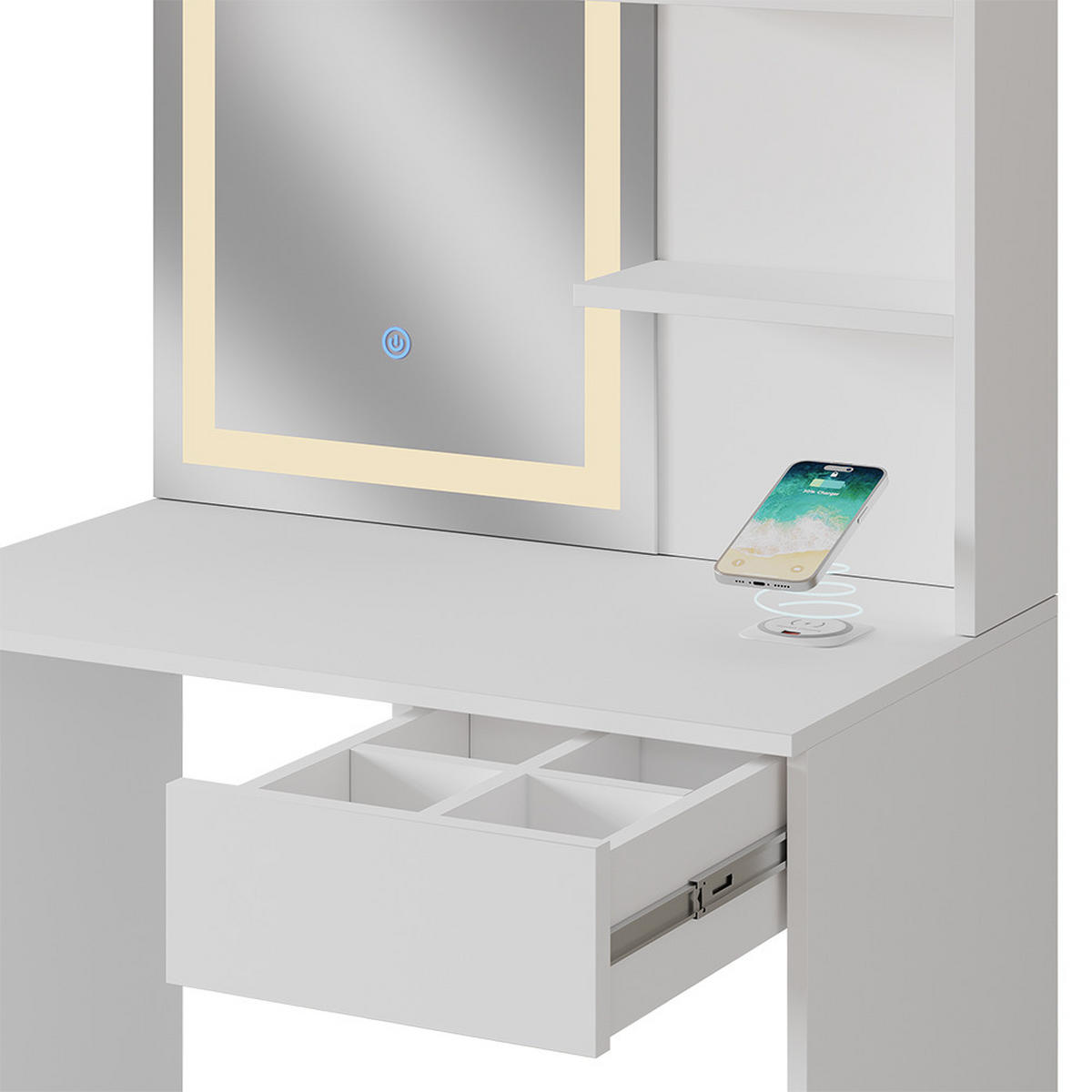 SCHMINKTISCH Dekos Weiß 75 cm mit LED-Spiegel und QI-Ladestation - Weiß, Holzwerkstoff (75/141/40cm) - Vicco