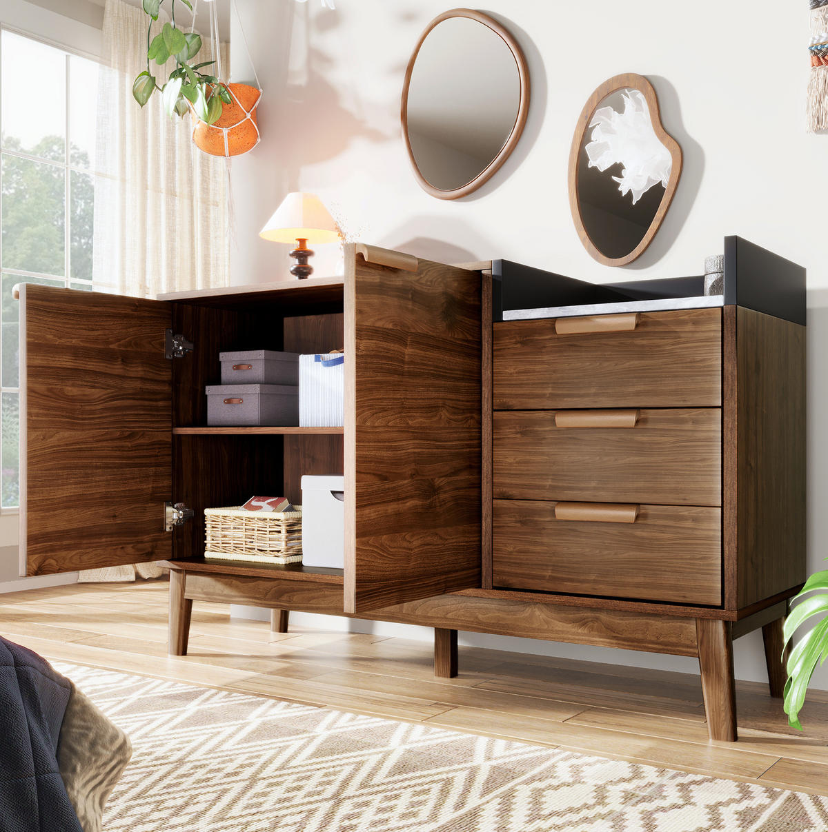 SIDEBOARD in dunkler Eiche mit Marmor-Optik Platte, 3 Schubladen und Doppeltürschrank, kehrroboterfähig, 120/40/77 cm, dunkler Eiche - Eichefarben, Holzwerkstoff (120/77/40cm) - Redom