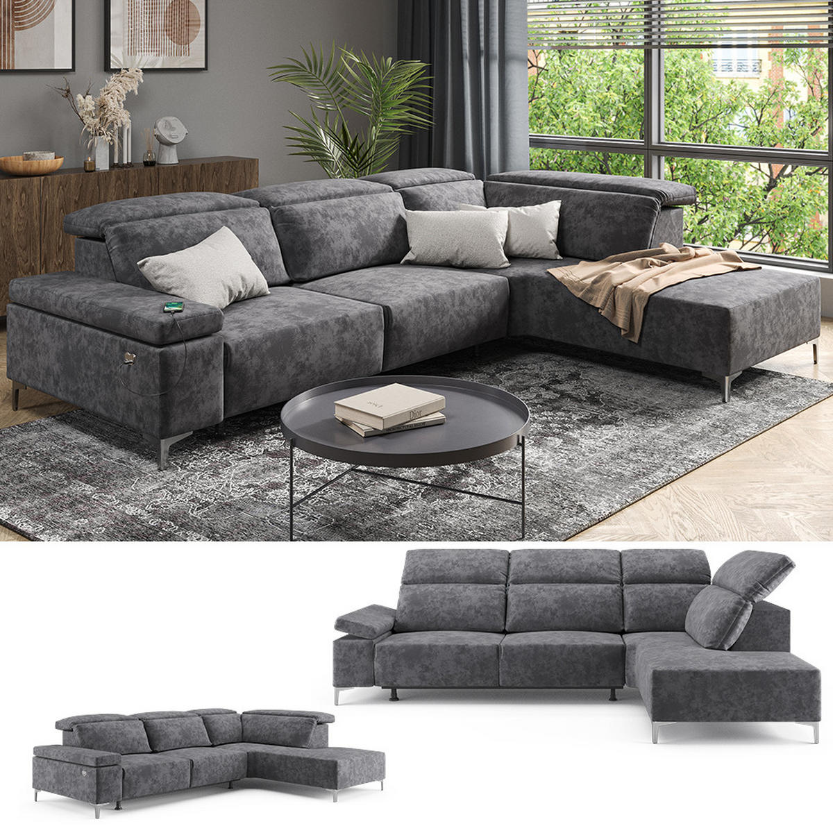 SOFA L FORM James Anthrazit 218 x 301 cm Rechte Ecke - Anthrazit, Holz (218/301cm) - VitaliSpa