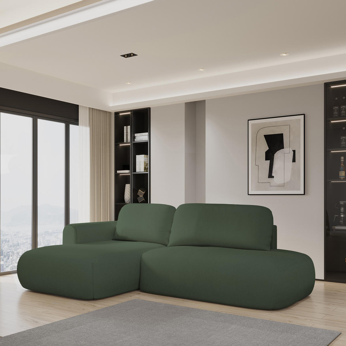 ECKSOFA NUVIRA L-S Grün Geflochtener Stoff mit Schlaffunktion - Grün, Holz (274/165cm) - MASSENO