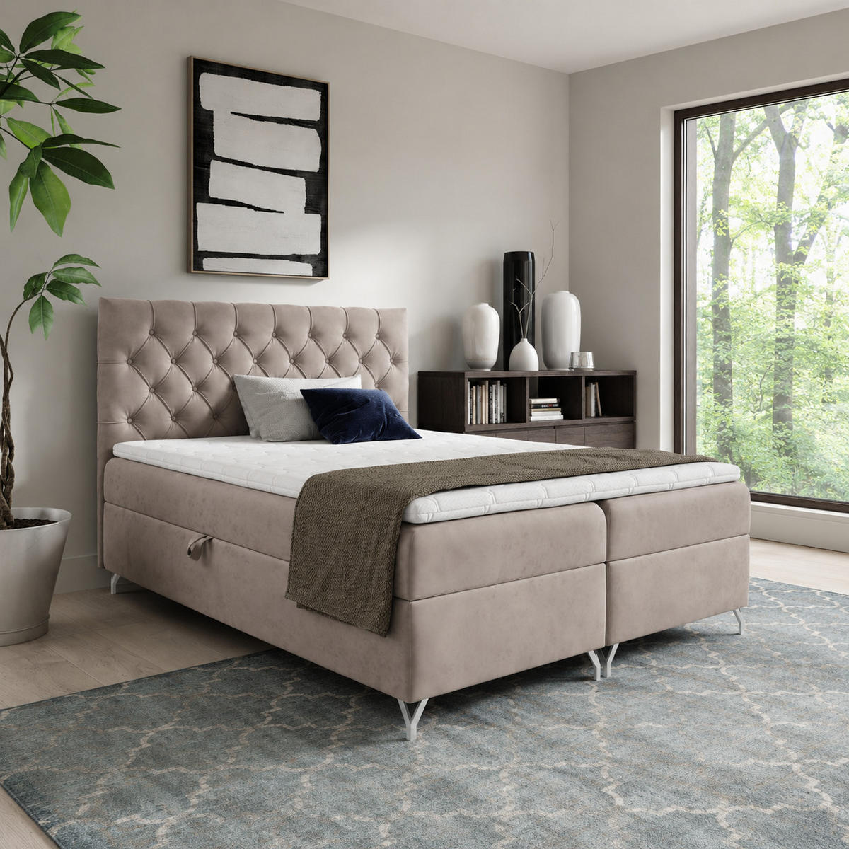 BOXBETT mit Stauraum und Topper Beige 120x200 cm - Beige, Textil (120/200cm) - Home Collective