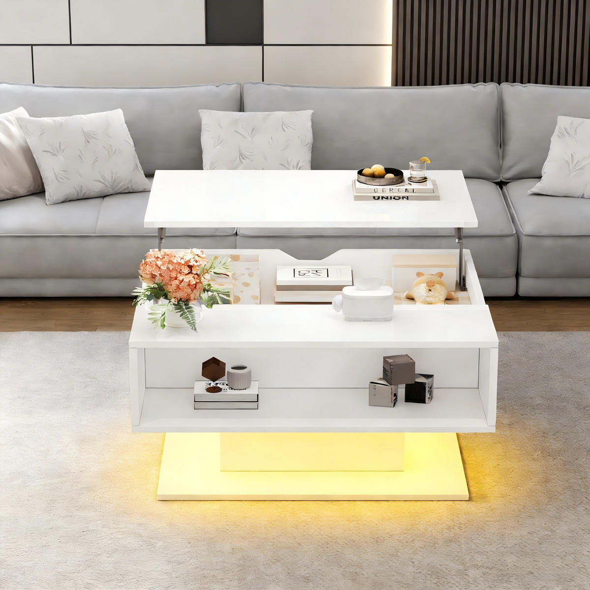 COUCHTISCH hydraulisch Weiß 80x75x40cm Hochglanz Stauraum - Weiß, Holzwerkstoff (80/75/40cm) - FLIEKS