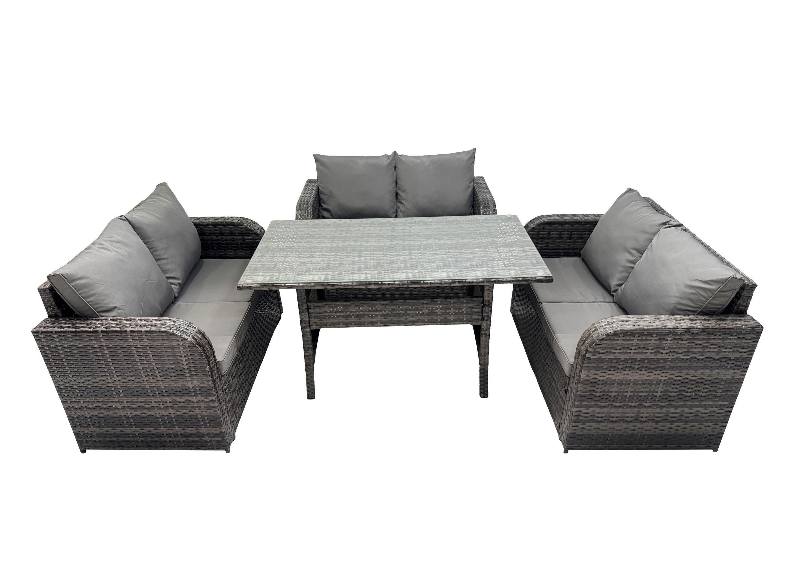 SITZGRUPPE mit Esstisch,Zweisitzer Polyrattan Dunkelgrau 6-Sitzer - Dunkelgrau/Grau, Glas/Kunststoff - Fimous