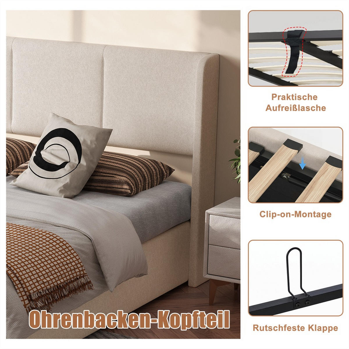 POLSTERBETT 160x200 cm mit hydraulischem Stauraum - Gepolstertes Kopfteil - ohne Matratze - Leinen - Beige - Beige, Textil (160/200cm) - DELFA