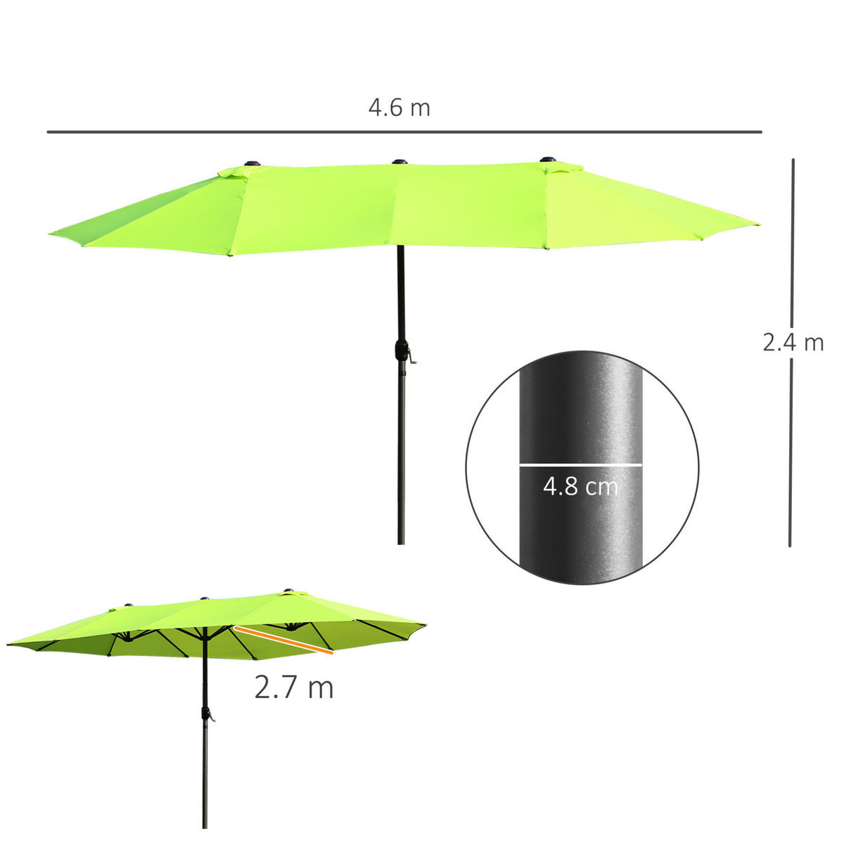 DOPPEL-SONNENSCHIRM aus Stahl 460x270x240 cm in Grün mit Handkurbel - Grün, Metall (270/460cm) - Modfu