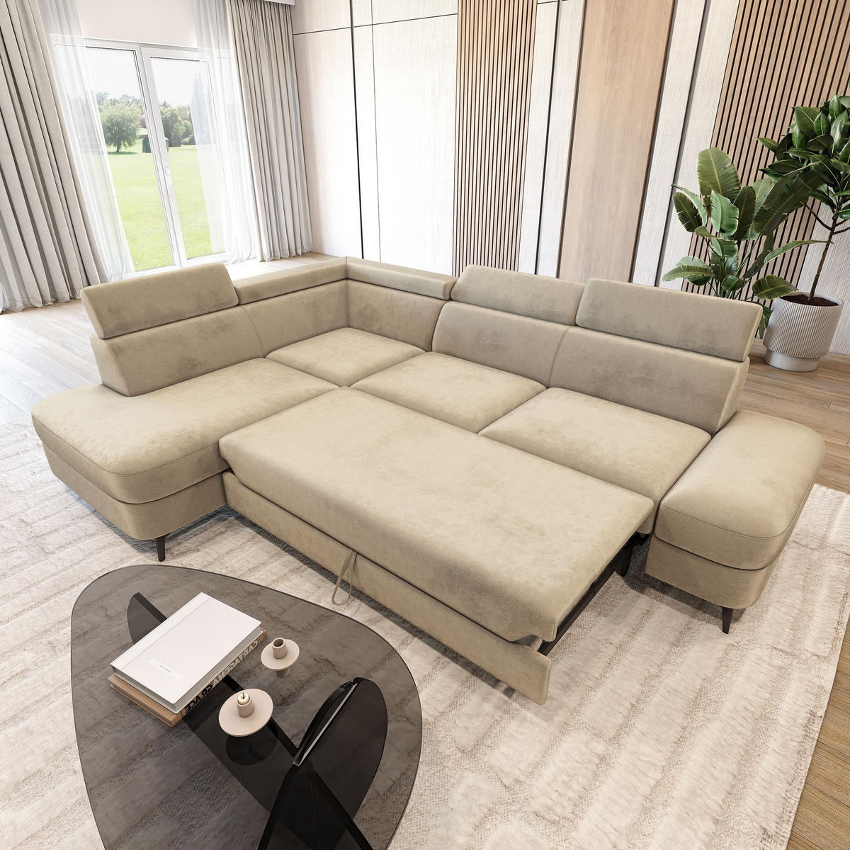 ECKSOFA AVISE M L-S Creme Velours-Stoff mit Schlaffunktion - Creme, Holzwerkstoff/Textil (268/195cm) - MASSENO