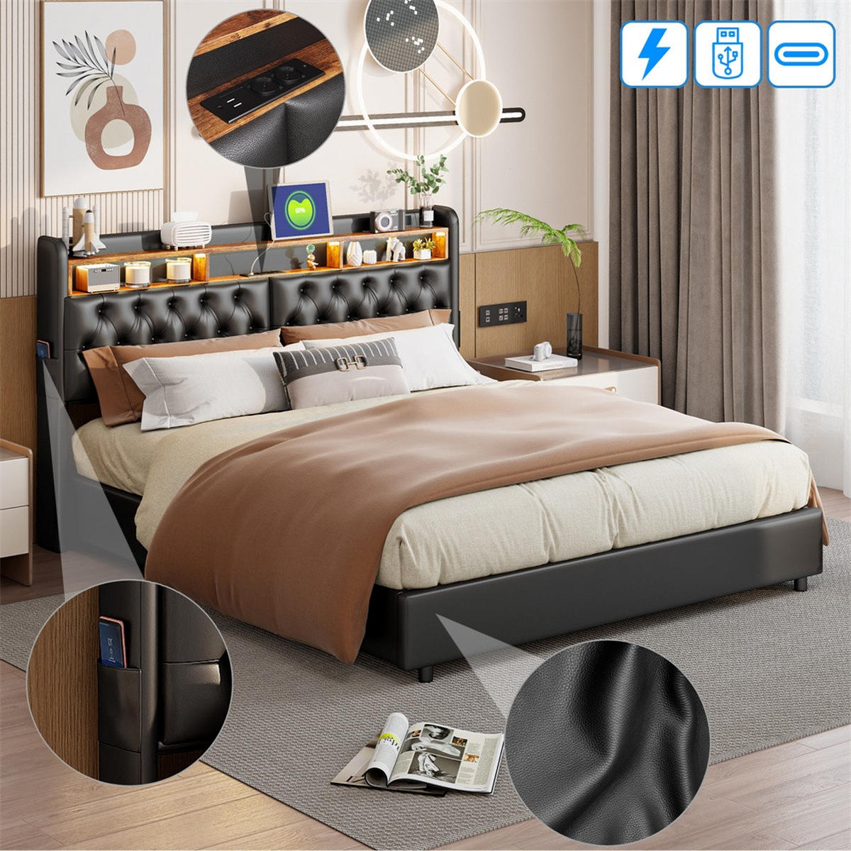 POLSTERBETT 180x200 cm mit LED-Beleuchtung - Kopfteil-Stauraum und Gasdruckfeder-Bettkasten - ohne Matratze - Schwarz - Schwarz, Textil (180/200cm) - DELFA