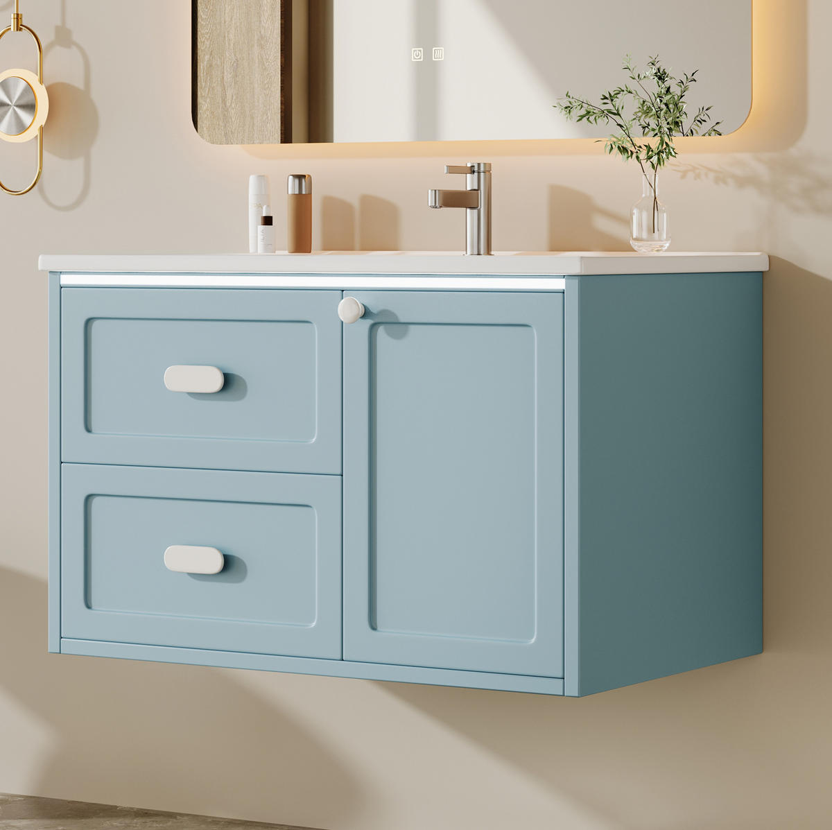 BADEZIMMER-HÄNGESCHRANK 76x46x51 cm Blau aus Keramik & Spanplatte mit Radar-Sensor-LED & 2 Schubladen - Blau, Holzwerkstoff (76/51/46cm) - Modfu
