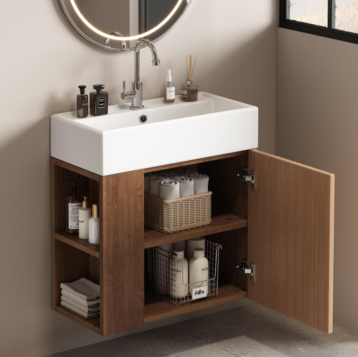 BADEZIMMERSCHRANK 55x31x66.5 cm Braun & Weiß aus Kunststoff mit Keramikbecken & 3D-Paneel - Braun, Holzwerkstoff (55/66.5/31cm) - Modfu