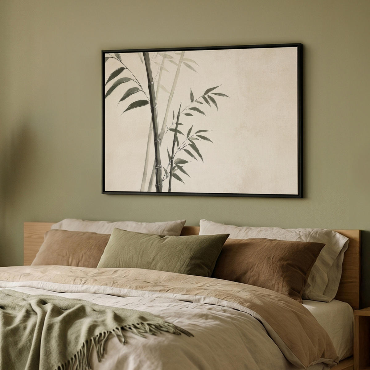 LEINWAND Bilder mit Rahmen - Japandi - Bambus - Beige - 100x70 - Eukalyptusholzfarben, Textil (100/70cm) - MuchoWow