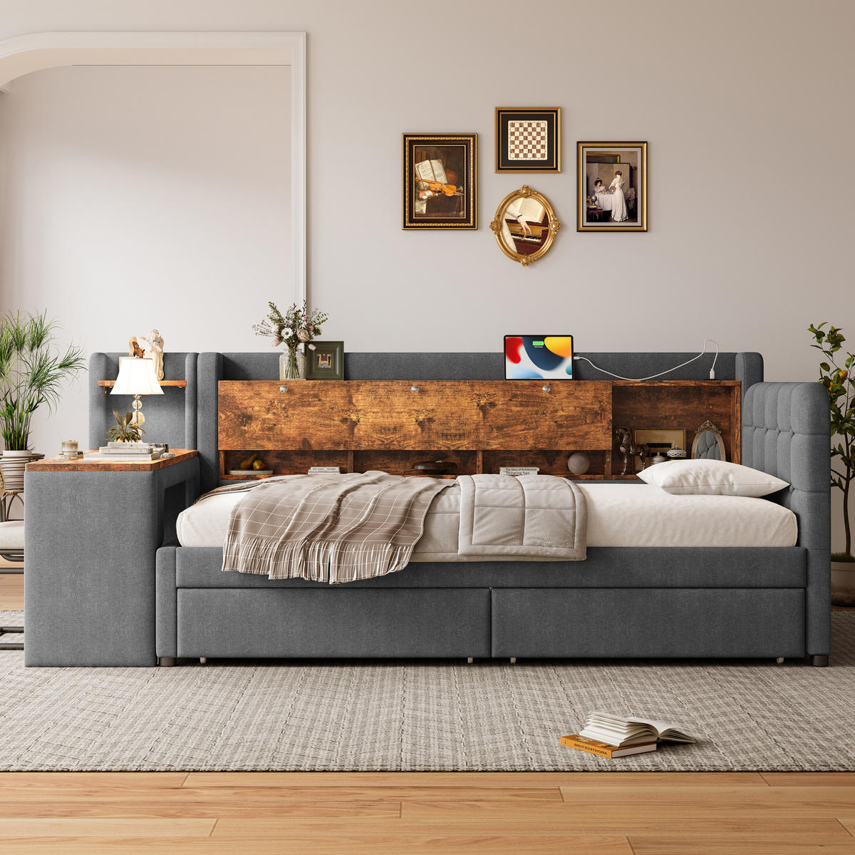 POLSTERBETT aus Leinen & MDF 90x200 cm in Grau mit Schreibtisch & 2 Schubladen - Grau, Textil (90/200cm) - Modfu