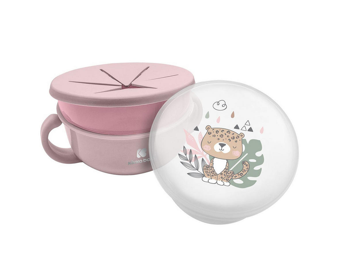 KINDERSCHÜSSEL Snackschale Savanna 2 in 1 rosa Silikon, Deckel, Griffe, griff, ab 12 Monaten, leicht zu reinigen - Rosa, Kunststoff (12/9/15cm) - Kikka boo