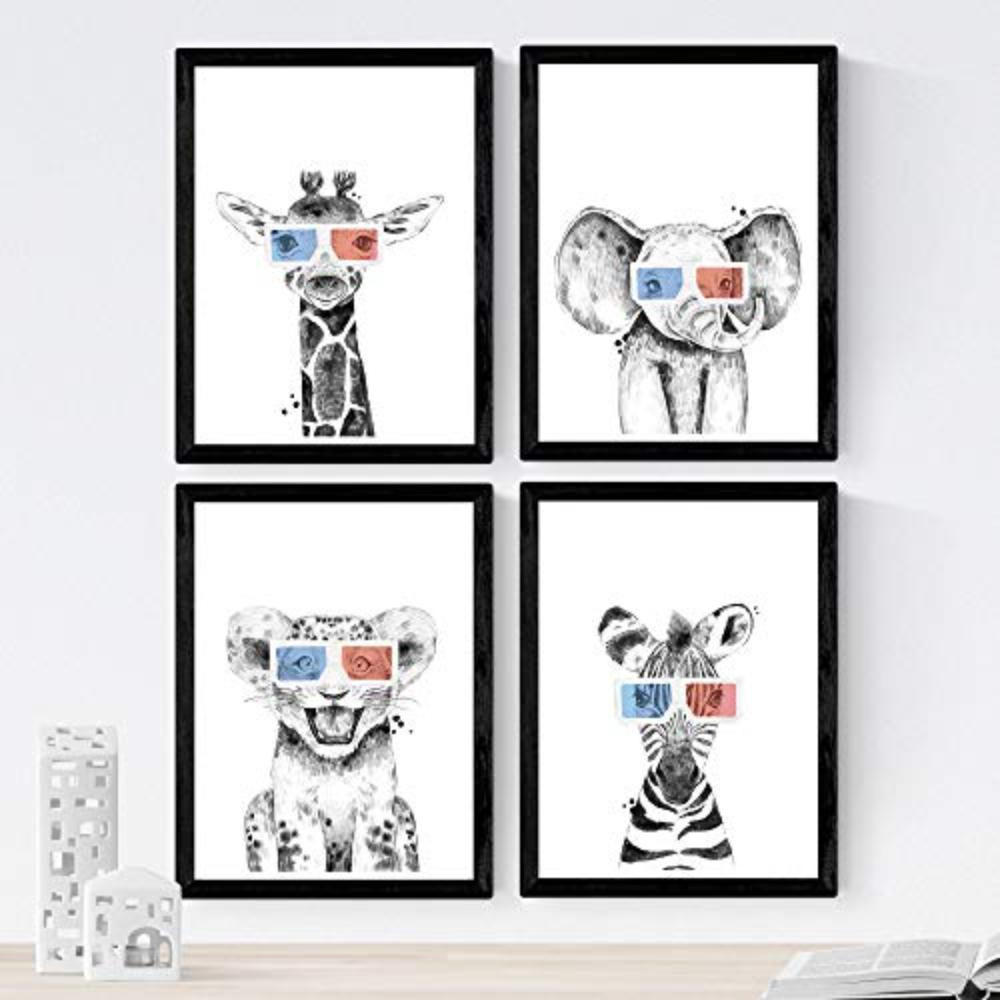 POSTER Set mit 4 „Tiere mit 3DBrille“ A3 Schwarzer Rahmen - Schwarz, Papier (29.7/3cm) - Nacnic