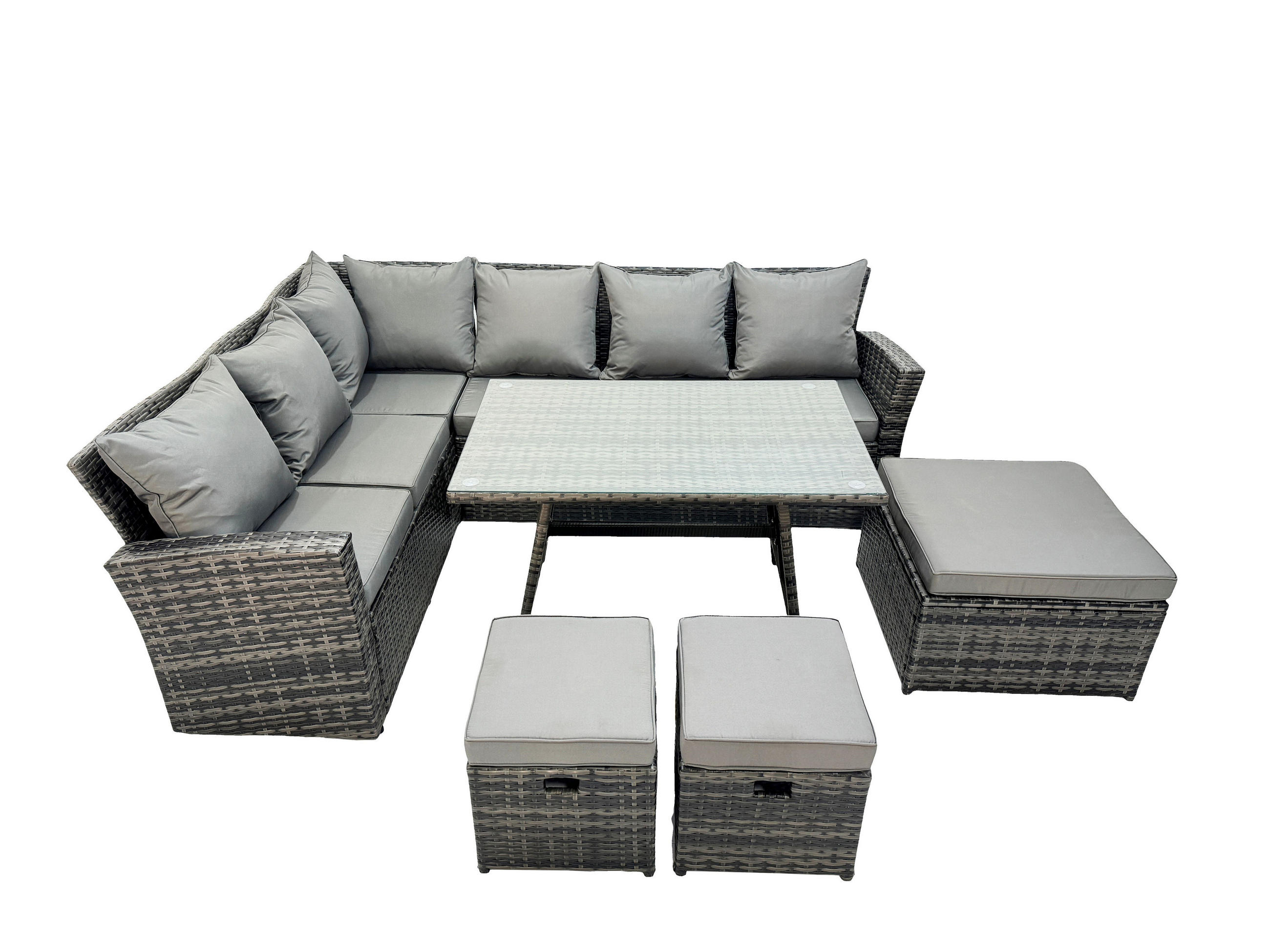 GARTENLOUNGE mit Ecksofa Polyrattan Dunkelgrau 9-Sitzer - Dunkelgrau/Grau, Glas/Kunststoff - Fimous
