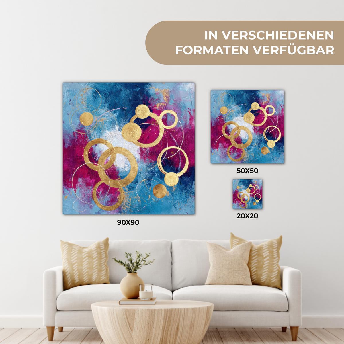 LEINWANDBILD Kreise - Gold - Abstrakt Deko Wohnzimmer 20x20 cm - Blau, Textil (20/20cm) - MuchoWow