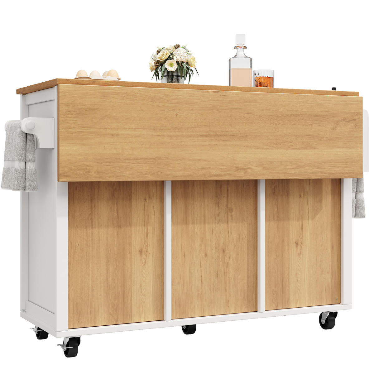 KÜCHENINSEL 137,9/73/92,5 cm weiß aus MDF und Metall mit Klapptisch - Weiß, Holzwerkstoff (137.9/92.5/73cm) - OKWISH