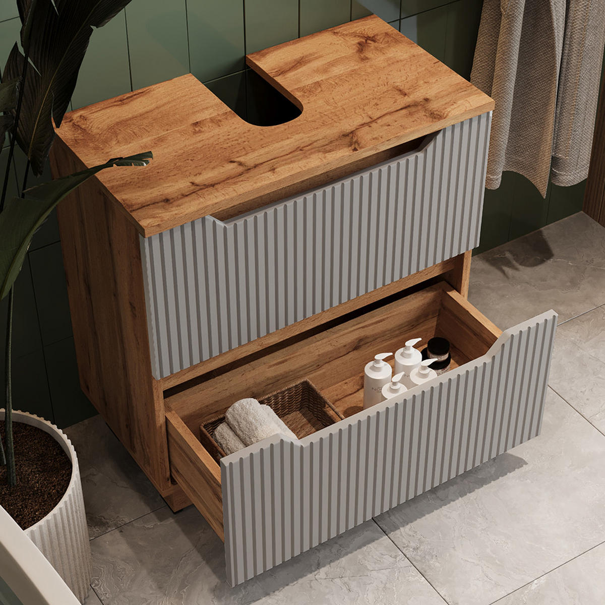 WASCHBECKENUNTERSCHRANK Lotta Eiche/grau gestreift 59.8 x 62.5 cm mit 2 Schubladen - Eichefarben/Grau, Holzwerkstoff (59.8/62.5/32cm) - Vicco