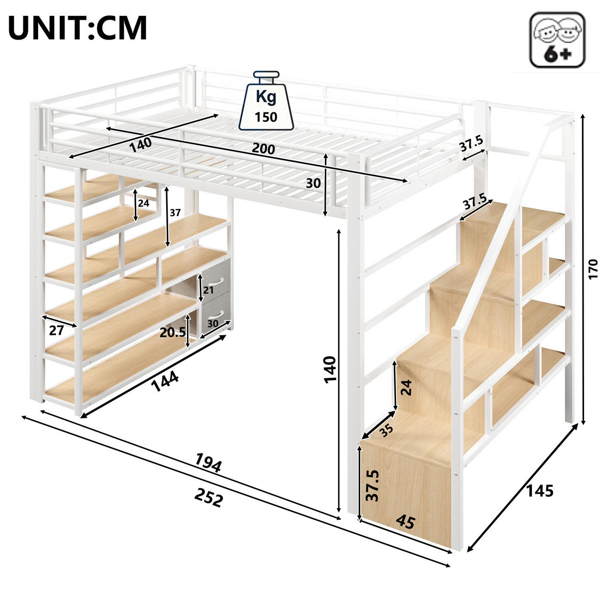 HOCHBETT 140x200 Metall mit Stauraum Treppe LED - Weiß, Metall - Gisaae