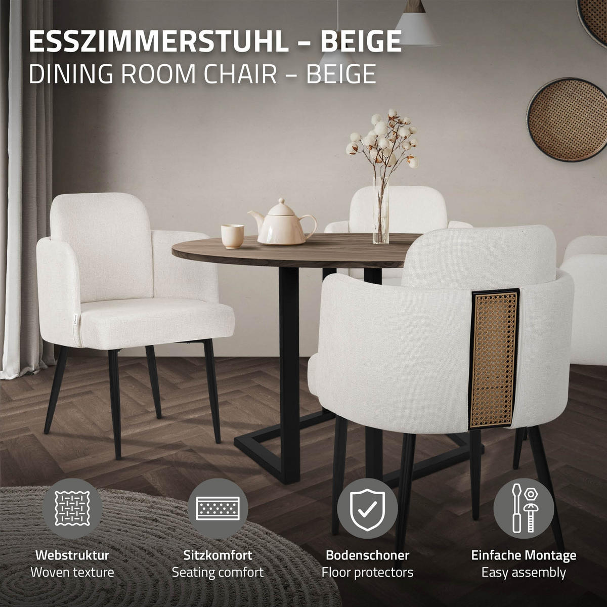 JÍDELNÍ ŽIDLE, sada 4 ks, béžová, s látkovým potahem v ratanovém vzhledu - černá/béžová, kov/textil (59/86/59cm) - ML-DESIGN