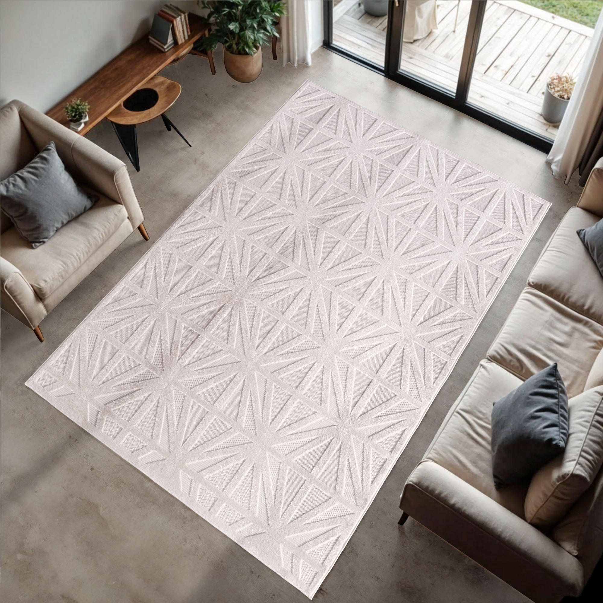 TEPPICH In-/Outdoor Kurzflor Tiefeneffekt-Muster Polypropylen Terrasse Creme Rechteckig 140x200 - Creme, Textil (140/200cm) - KADIMA DESIGN
