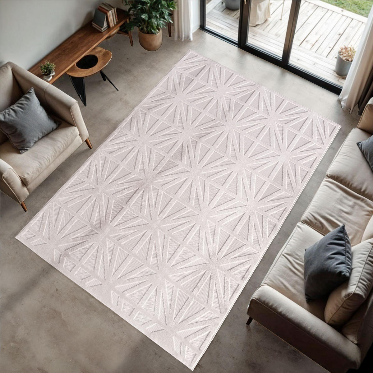 TEPPICH In-/Outdoor Kurzflor 3D-Linienoptik Polypropylen Küche Creme Rechteckig 200x290 - Creme, Textil (200/290cm) - KADIMA DESIGN