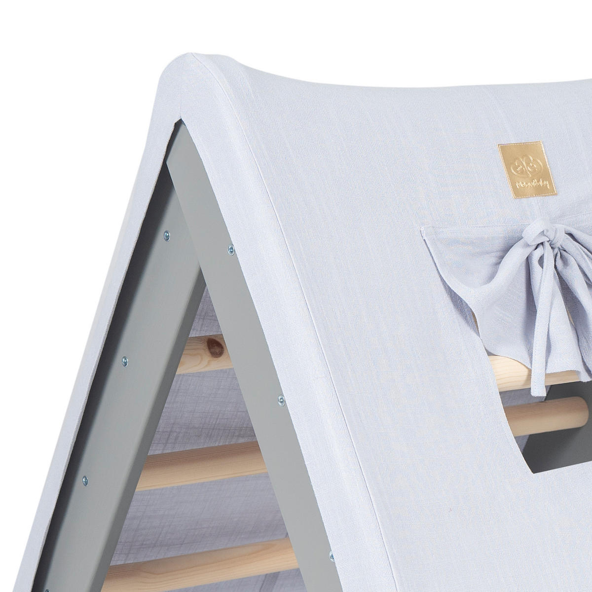 KLETTERDREIECK Haus für Kinder mit Grau-Blauem Dach, Zarter Stoff, Montessori, Grau - Blaugrau/Grau, Holz (59.5/59/60cm) - MeowBaby