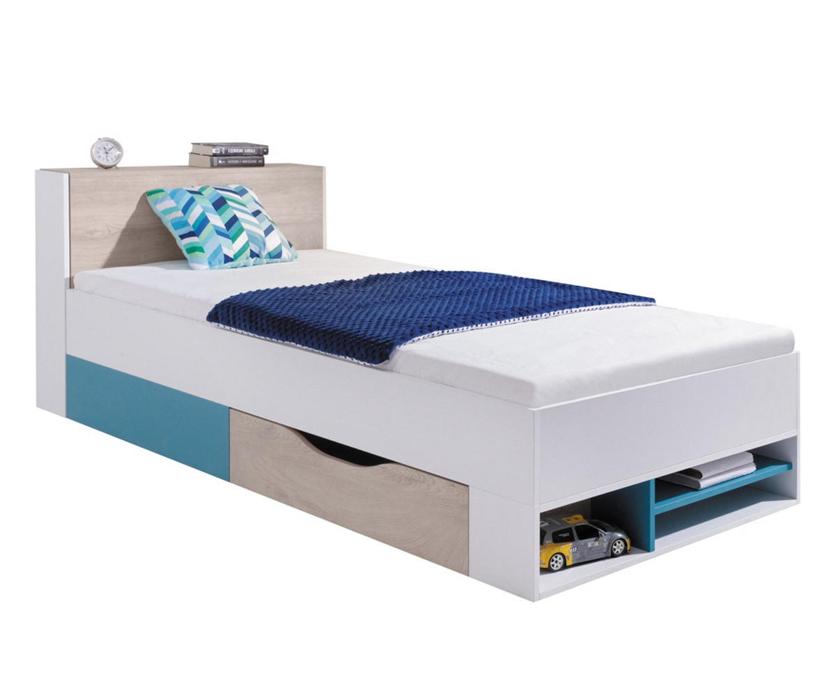 JUGENDZIMMER Space Set B mit Bett 90 x 200 - Weiß-Eiche-Türkis - Türkis/Eichefarben, Holzwerkstoff (135/190/135cm) - QMM TraumMöbel