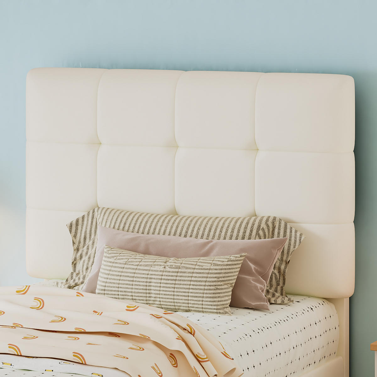 POLSTERBETT 90/200 cm Beige mit Keksförmigem Kopfteil aus PU und Eisen - Beige, Holzwerkstoff (90/200cm) - OKWISH