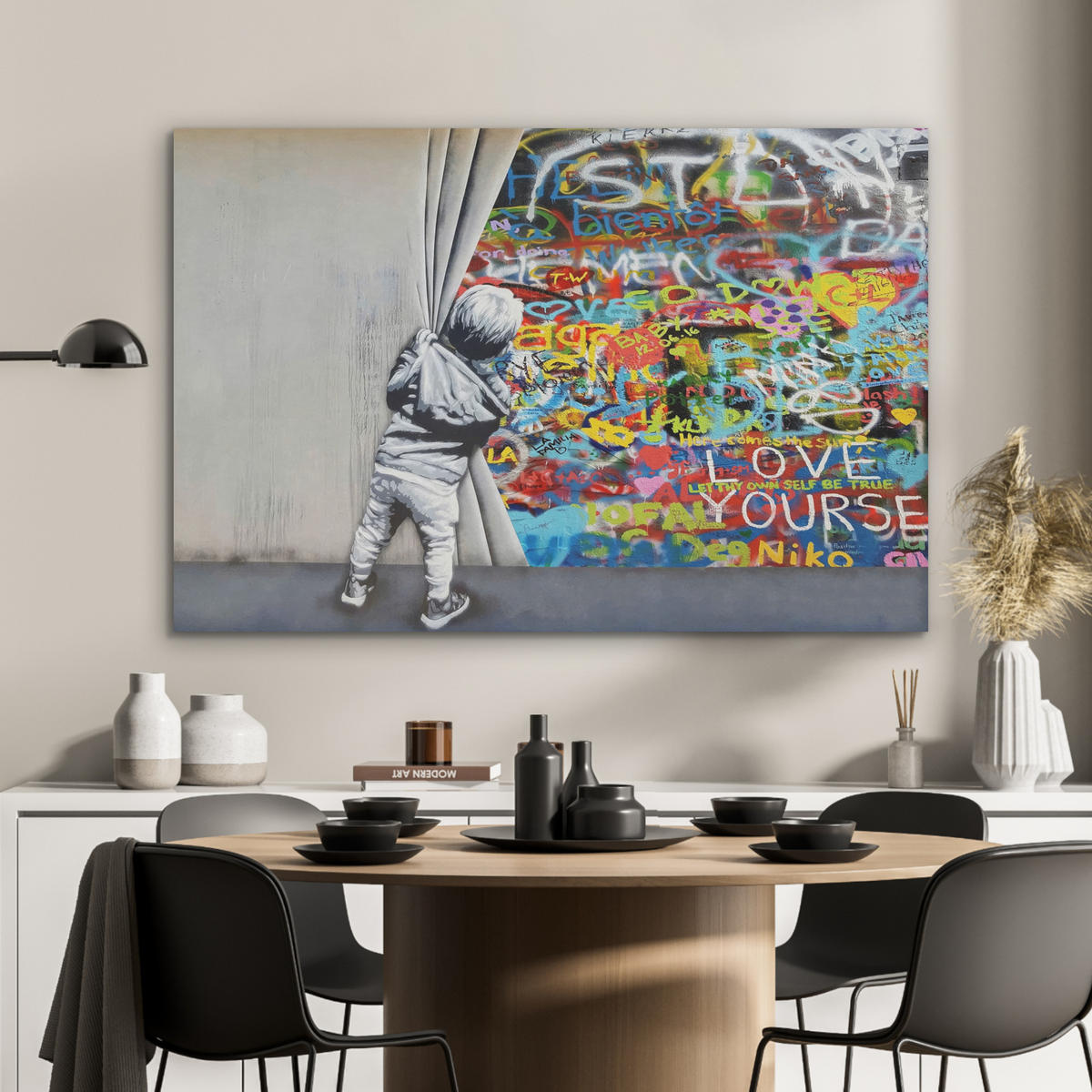 AKUSTIKBILD Graffiti - Junge - Ilussie - Straßenkunst Akustikpaneele 90x60 cm - Hellgrau, Kunststoff (90/60/0.9cm) - MuchoWow