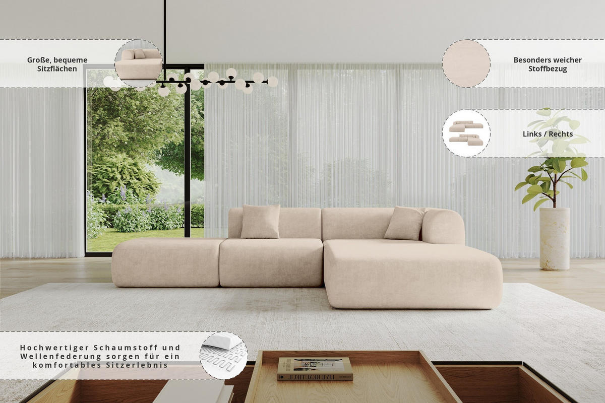 ECKSOFA Ottomane Rechts OVLY-L 289x176x71 Beige Samt - Beige/Schwarz, Holzwerkstoff/Kunststoff (289/176cm) - ALTDECOR