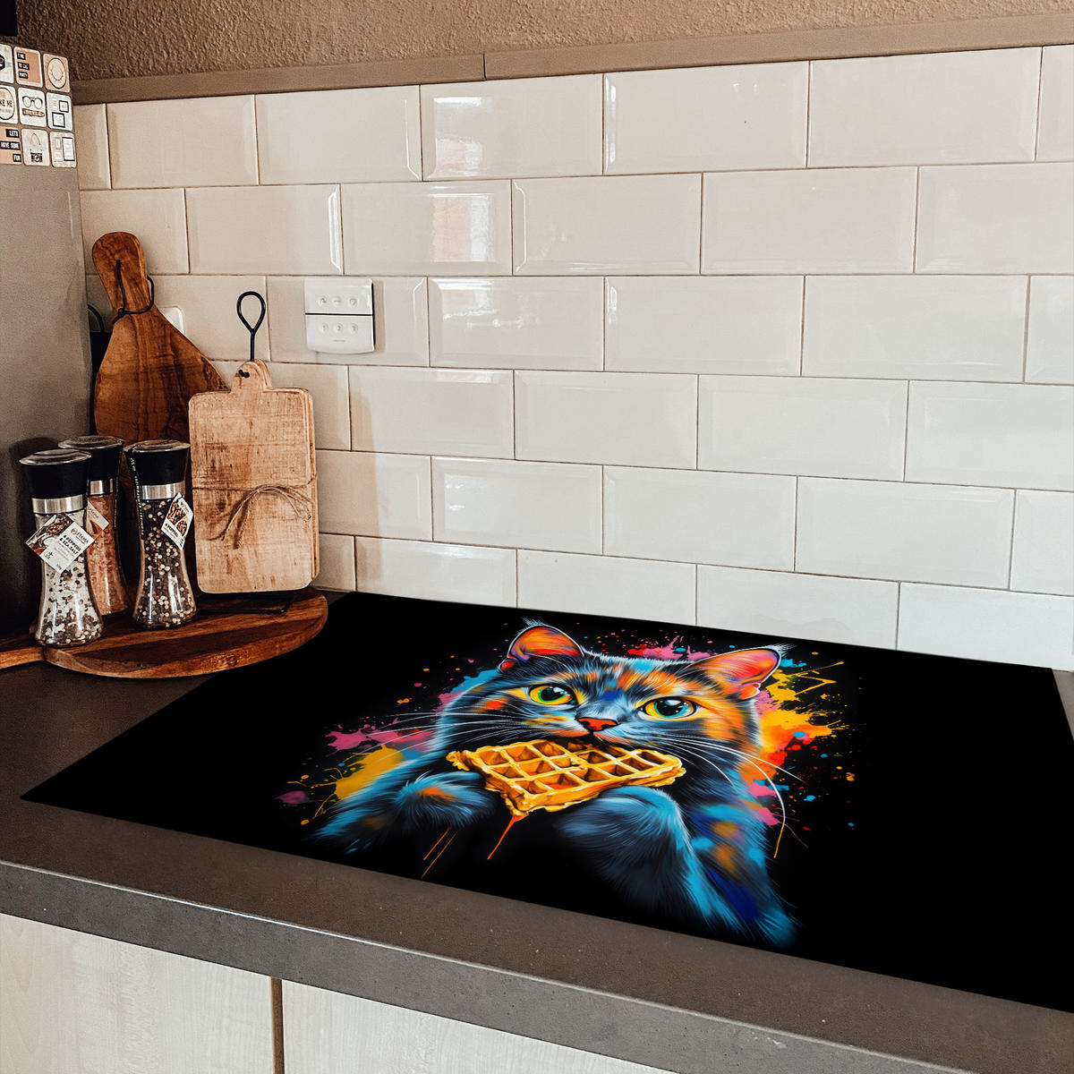HERDABDECKPLATTE Katze - Graffiti - Bunt - Waffel - Essen Ceranfeldabdeckung 85x52 cm - Multicolor, Kunststoff (85/52/0.2cm) - MuchoWow
