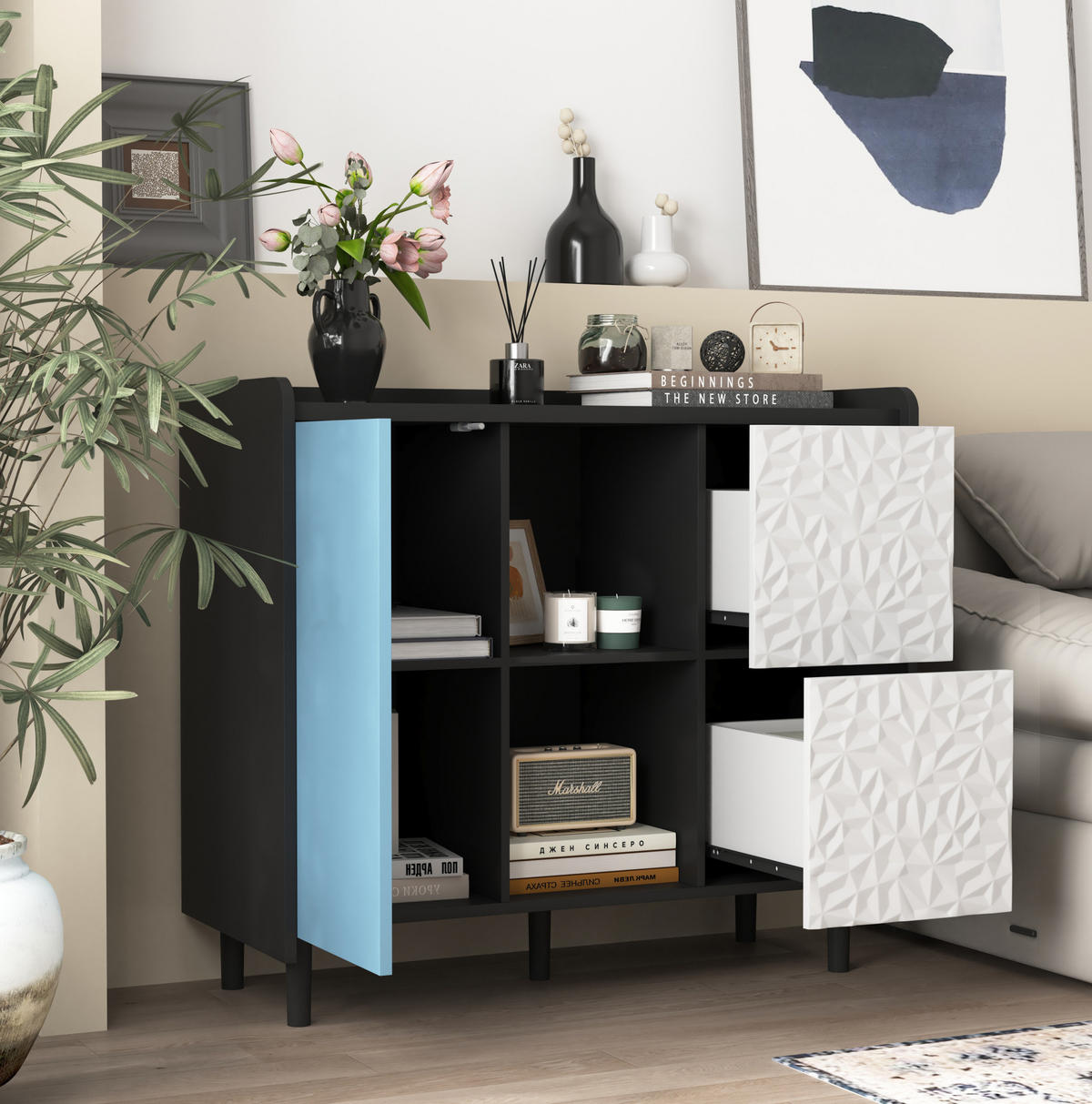 BOČNÍ skříň 40/90/80 cm černá a modrá z MDF se 2 zásuvkami a otevřeným úložným prostorem - černá, kompozitní dřevo (90/80/40cm) - OKWISH