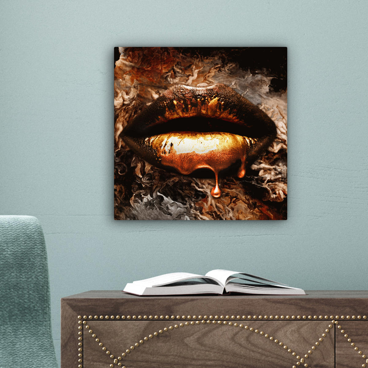 LEINWANDBILD Gold - Lippen - Kunst - Gold - Luxus - Abstrakt 20x20 cm - Kupferfarben, Textil (20/20cm) - MuchoWow