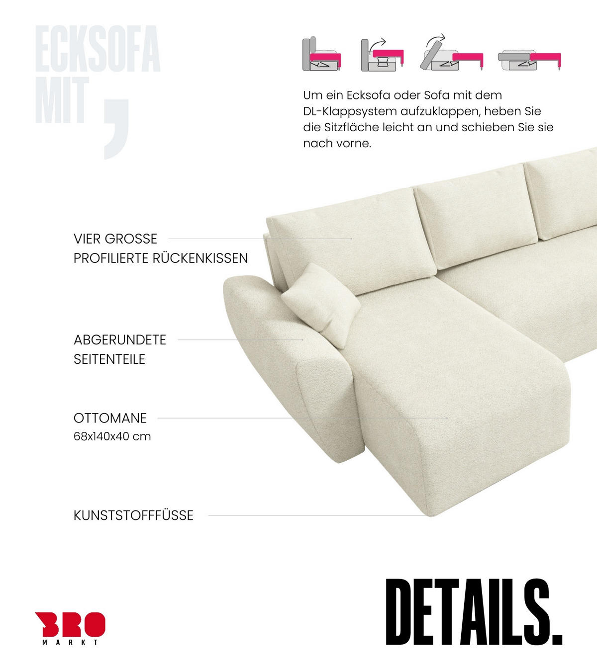 WOHLANDSCHAFT Rotterdam U mit Schlaffunktion Beige Bouclé - Beige, Textil (310/80/141cm) - Bromarkt