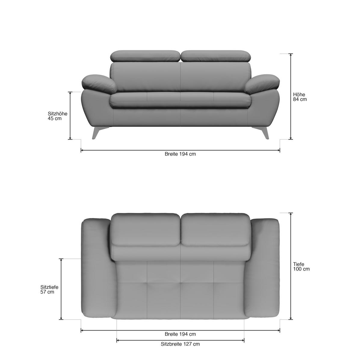 2,5-SITZER Karlstad Flachgewebe Grau verstell. Kopfstützen B 194 cm - Dunkelgrau, Kunststoff/Textil (194/84/100cm) - foamnova