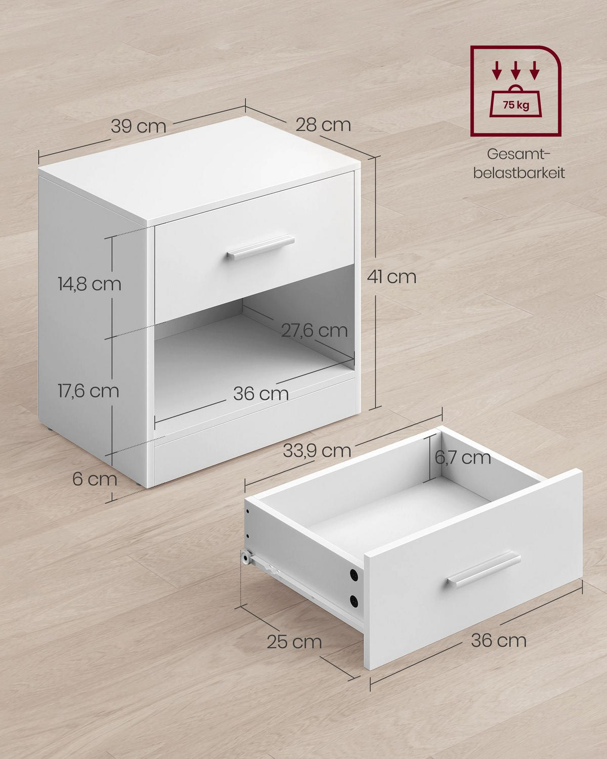 NACHTTISCH SAN JOSE 2ER-SET - Weiß, Holzwerkstoff (39/41cm) - Hansiro