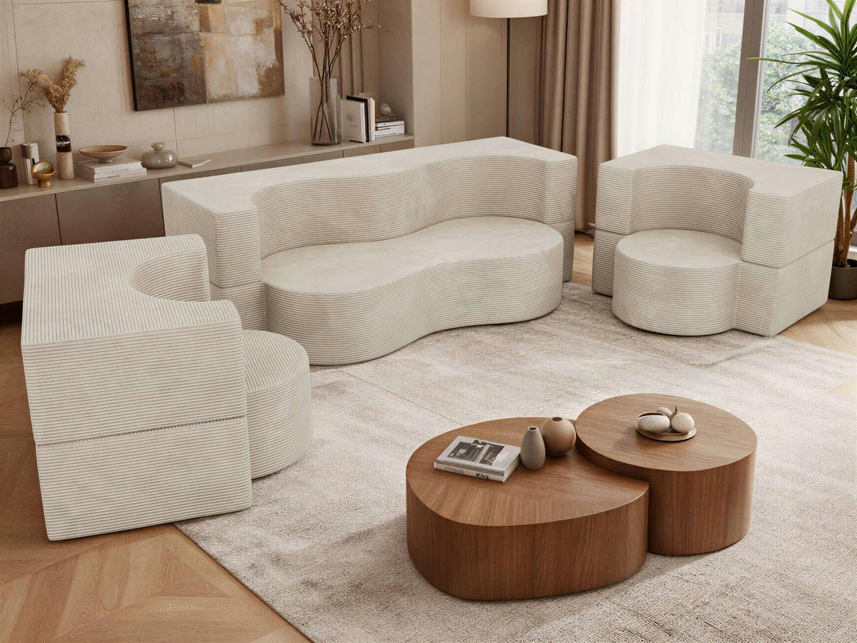 SITZGARNITUR SANOA 2+1+1 - Creme Cord - Creme, Textil (200/68/100cm) - MKS