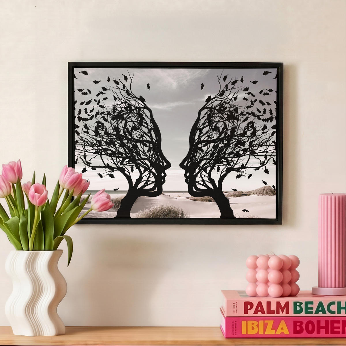 LEINWAND Bilder mit Rahmen - Strand - Meer - Menschen - Baum - Moderne Kunst - 40x30 - Hellgrau, Textil (40/30cm) - MuchoWow