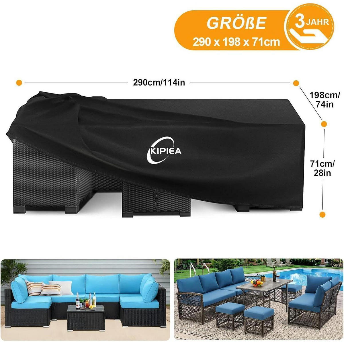 GARTENMÖBEL Abdeckung Wasserdicht 420D Oxford 290 x 198 x 71 cm - Schwarz, Textil (188/71/290cm)