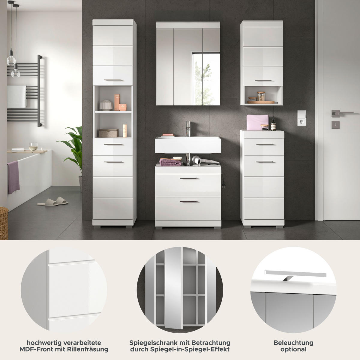 BADKOMBINATION 5tlg. Scout Bad in weiß Nachbildung und weiß hochglanz B/H/T: 164x191x34 cm - Weiß, Holz (164/191/37cm)