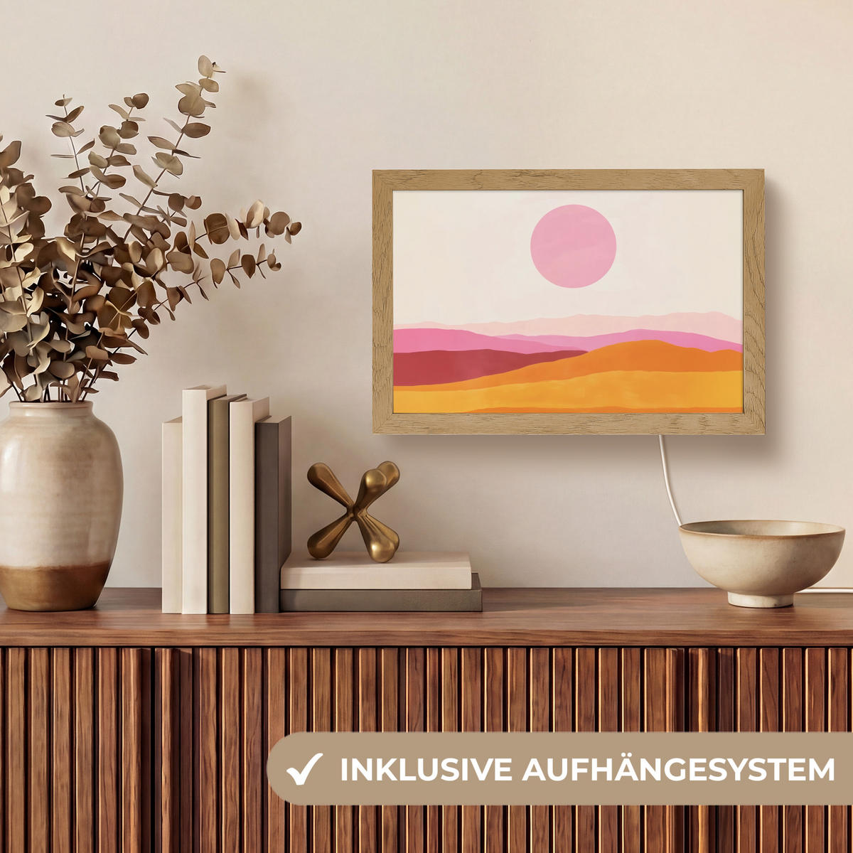 STOLNÍ LAMPA Kopce - oranžová - slunce - abstraktní 30x20 cm - chromová, kompozitní dřevo (8/30/20cm) - OnlyWow