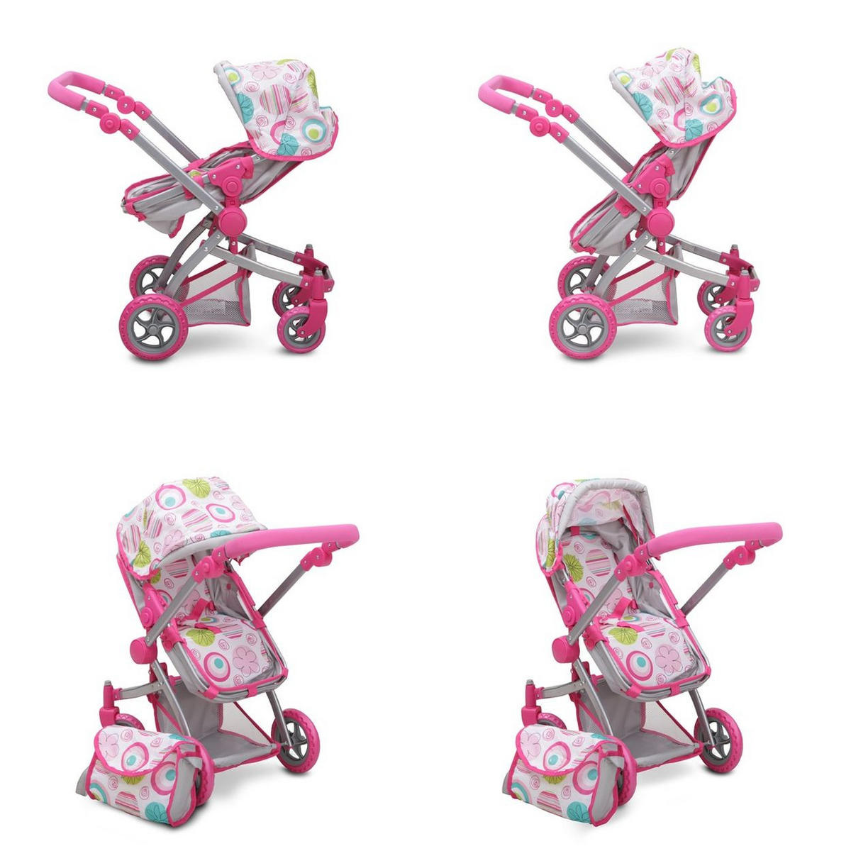 PUPPENWAGEN Rose 9651B Sonnendach, Tasche, verstellbarer Schiebegriff, Sportsitz, Polyester - Rosa, Metall (37/64/63.5cm) - Moni