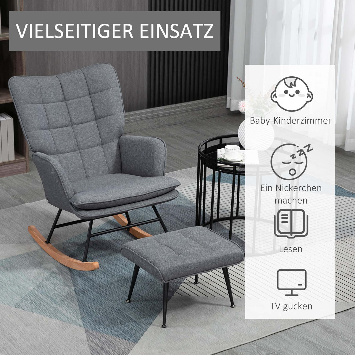 SCHAUKELSTUHL Schwingsessel mit Hocker Armlehnsessel Relaxsessel mit Leinenoptik - Buchefarben/Grau, Holz/Buchenholz (89/90/64cm) - HOMCOM