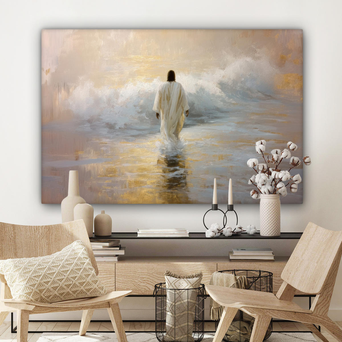 LEINWANDBILD Gemälde - Welle - Jesus - Abstrakt XXL 150x100 cm - Goldfarben, Textil (150/100cm) - MuchoWow