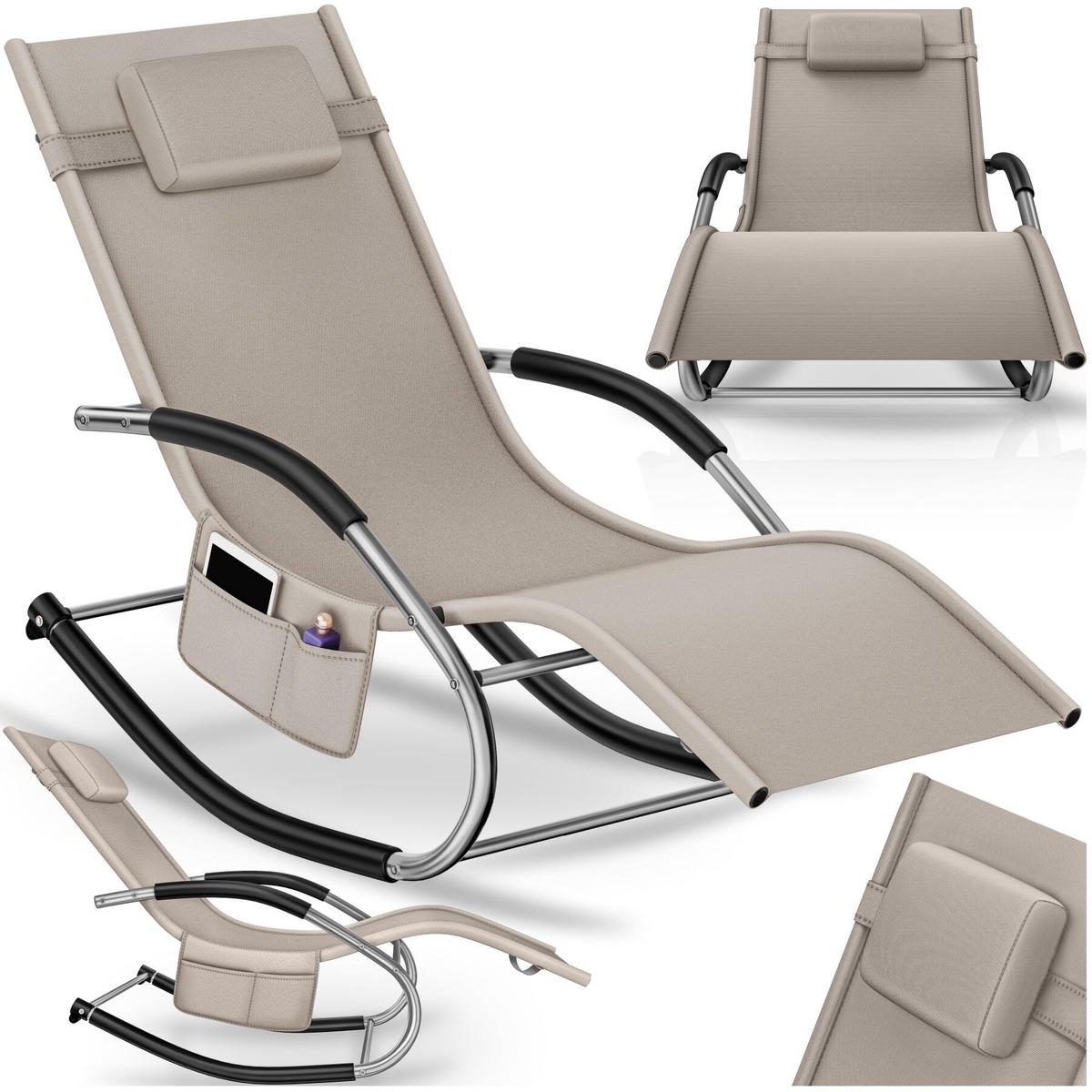 GARTENLIEGE Taya, abnehmbares Kopfpolster, seitliche Aufbewahrungstasche, beige - Beige, Kunststoff (62/92/142cm) - tectake