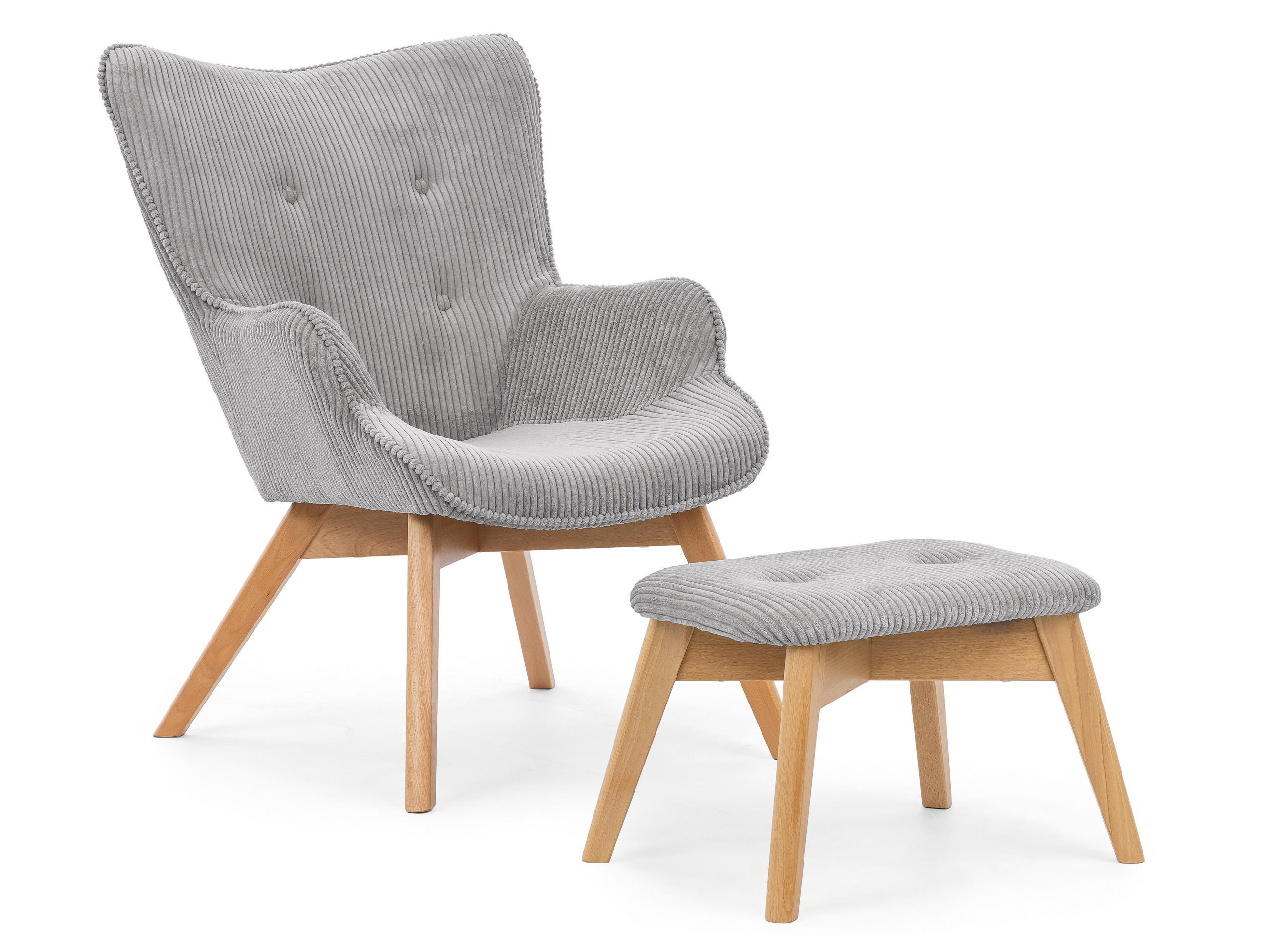 LOUNGESESSEL mit Fußhocker Lenari Hellgrau Cordstoff mit Füßen in Natur - Hellgrau/Naturfarben, Holz/Textil (71/96/86cm) - S-Style Möbel