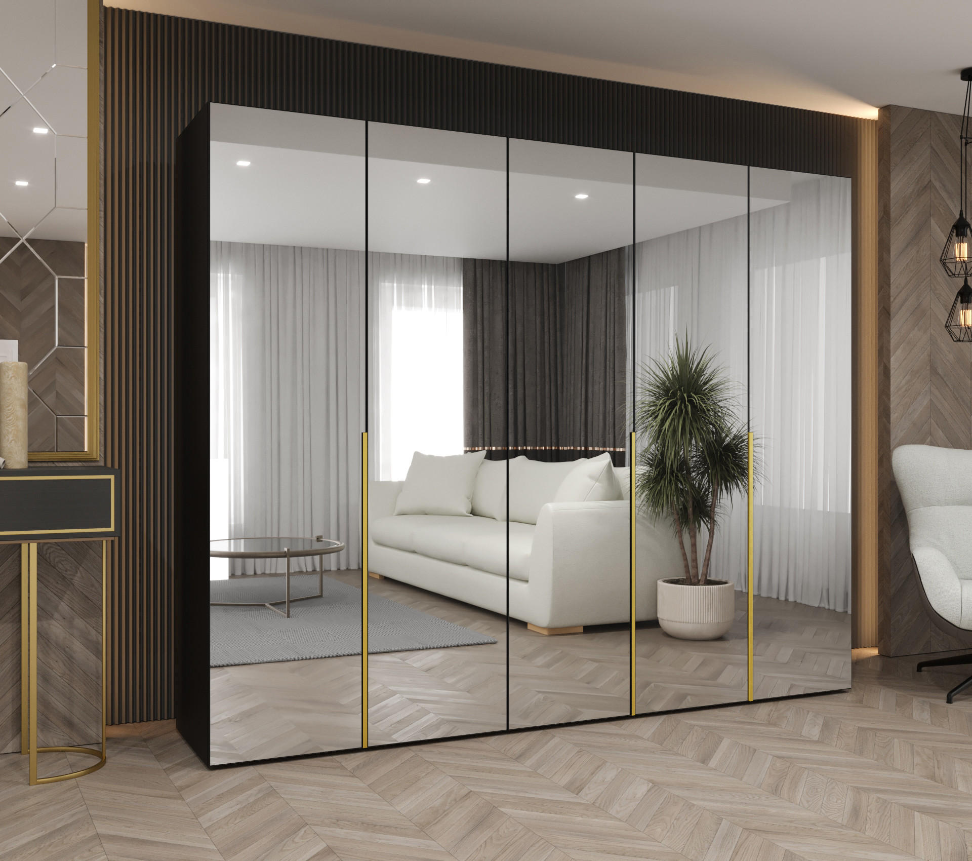 DREHTÜRENSCHRANK 202/250/52 5-türig - Goldfarben/Schwarz, Holz (250/202/52cm) - Abiks Möbel