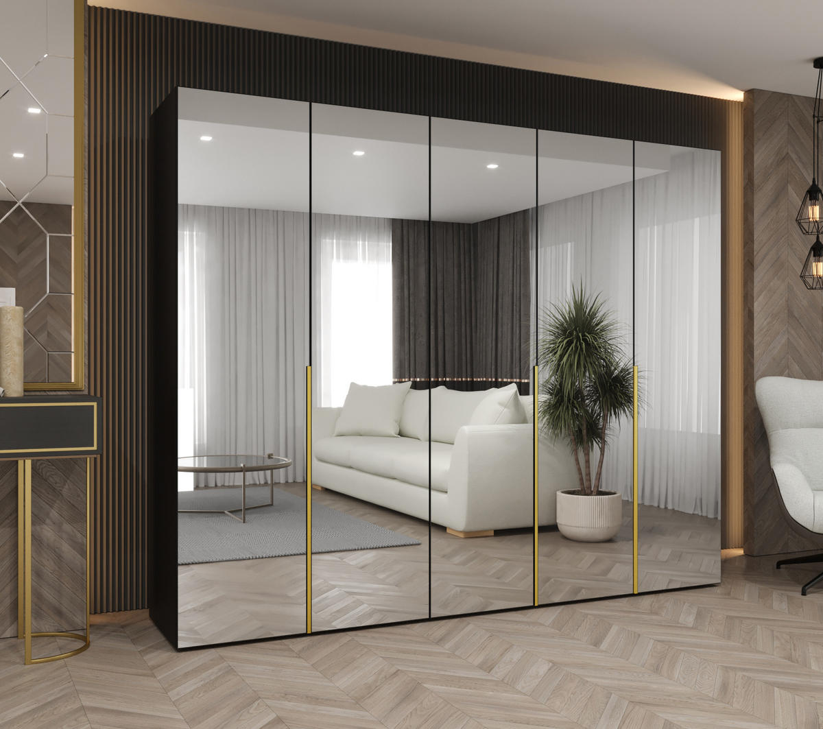 DREHTÜRENSCHRANK 202/250/52 5-türig - Goldfarben/Schwarz, Holz (250/202/52cm) - Abiks Möbel