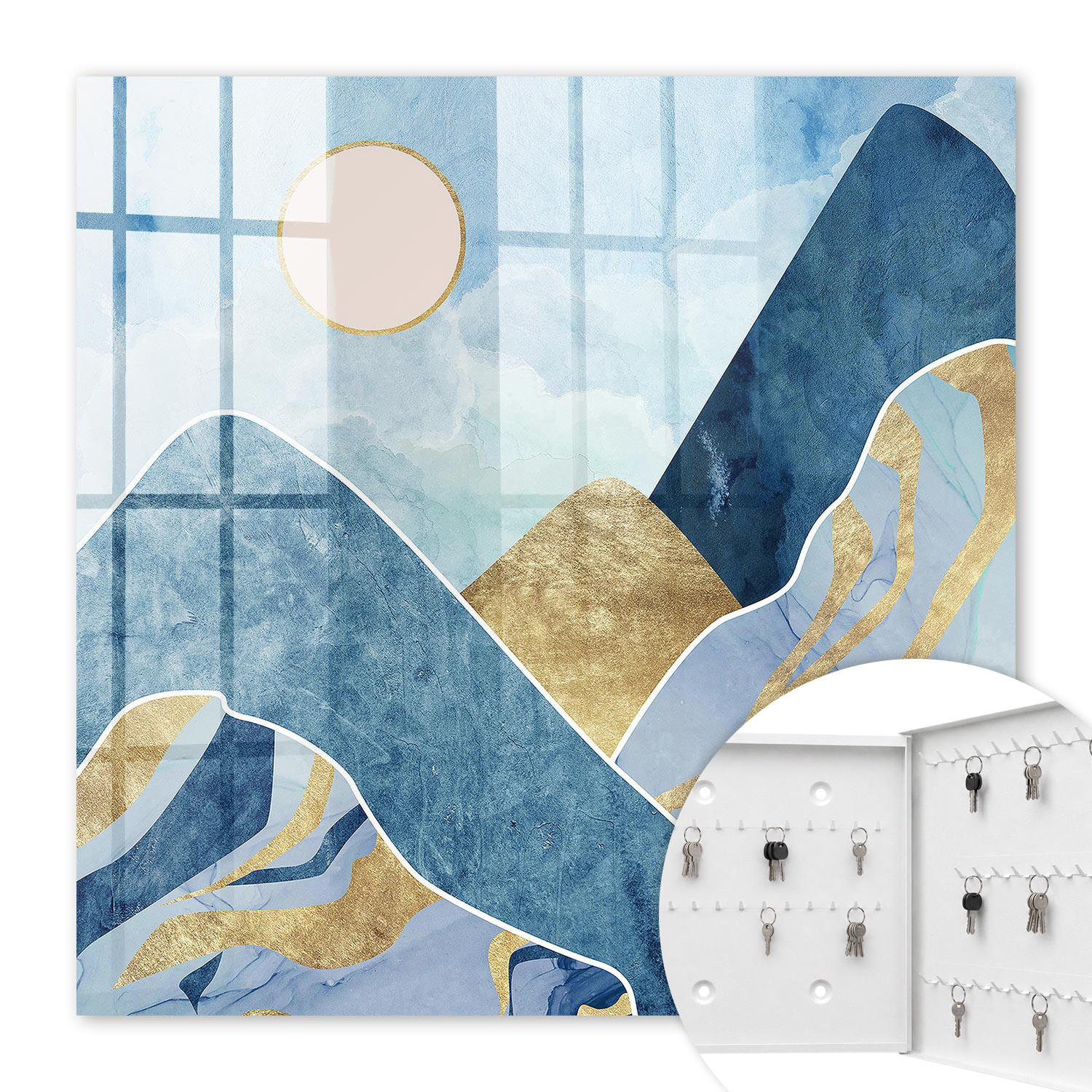 SCHLÜSSELBOX Weiß 30x30 cm – Türöffnung nach rechts - Berglandschaft - Blau, Metall (30/30/5cm) - TULUP