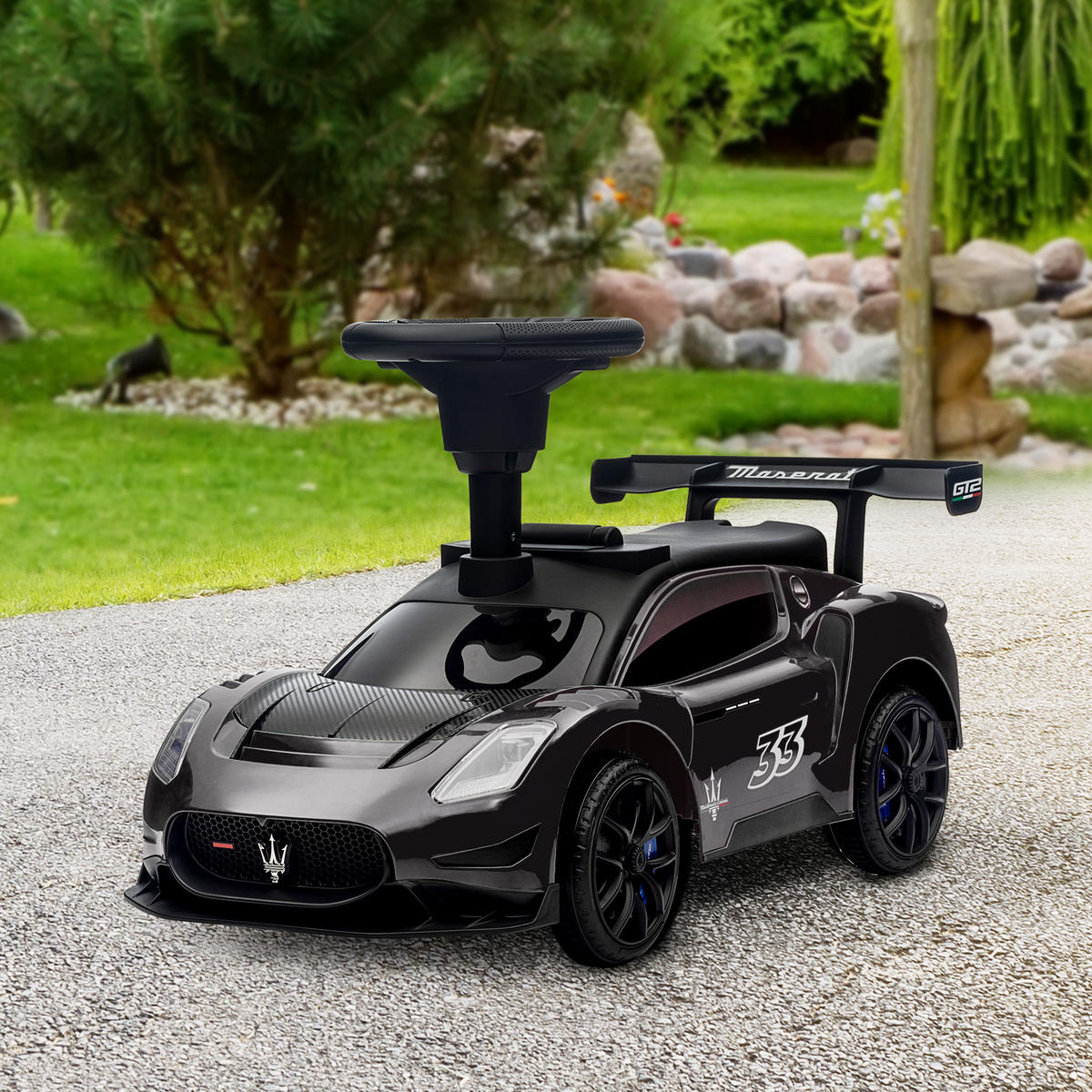 RUTSCHAUTO, Maserati, Hupe & Musik, Flüsterreifen, für 1,5 bis 5 Jahre, bis 25 kg, Schwarz - Schwarz, Kunststoff/Metall (65/29/37cm) - AIYAPLAY